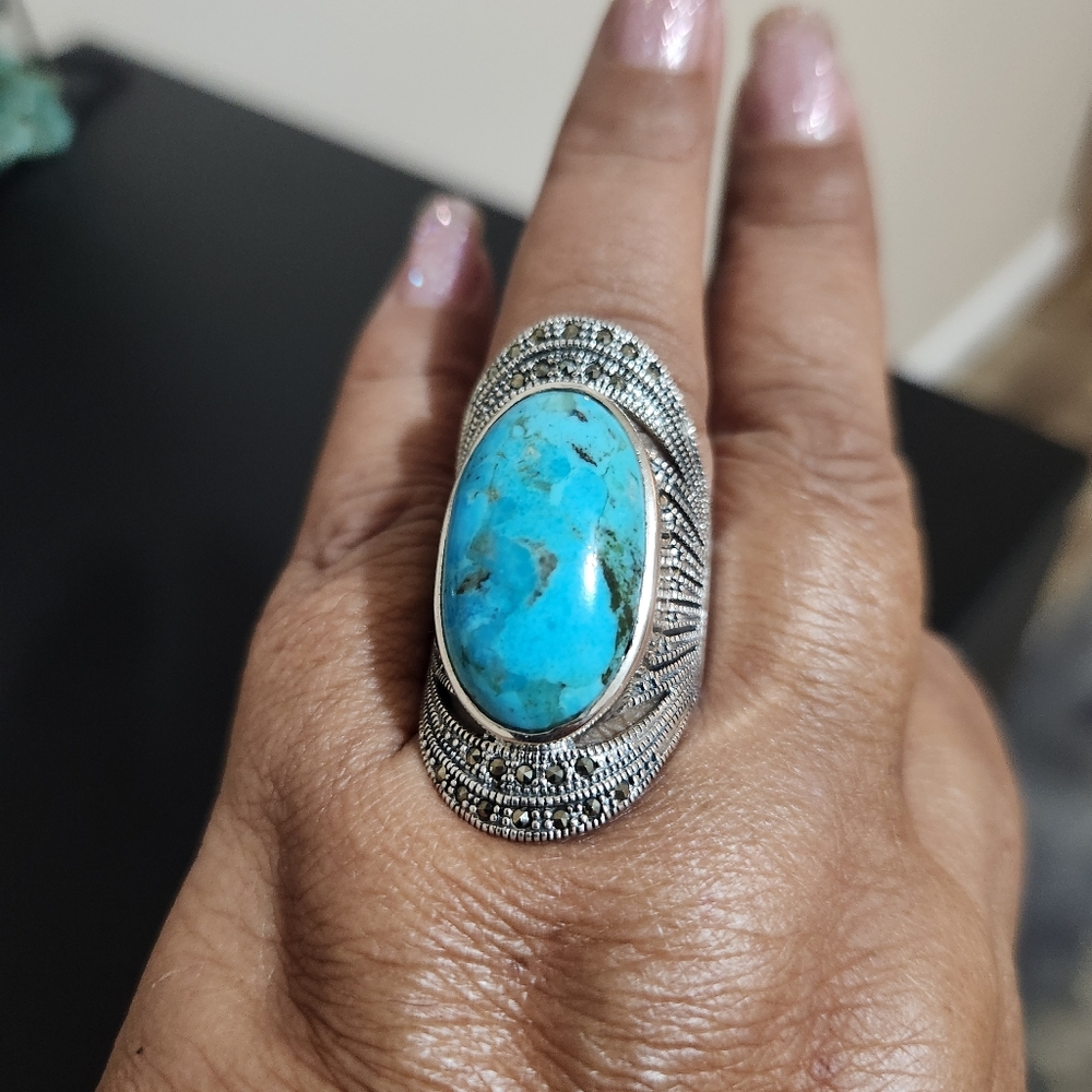 Sterling silver oval turquoise and marcasite‎ ring - Picture 5 of 6